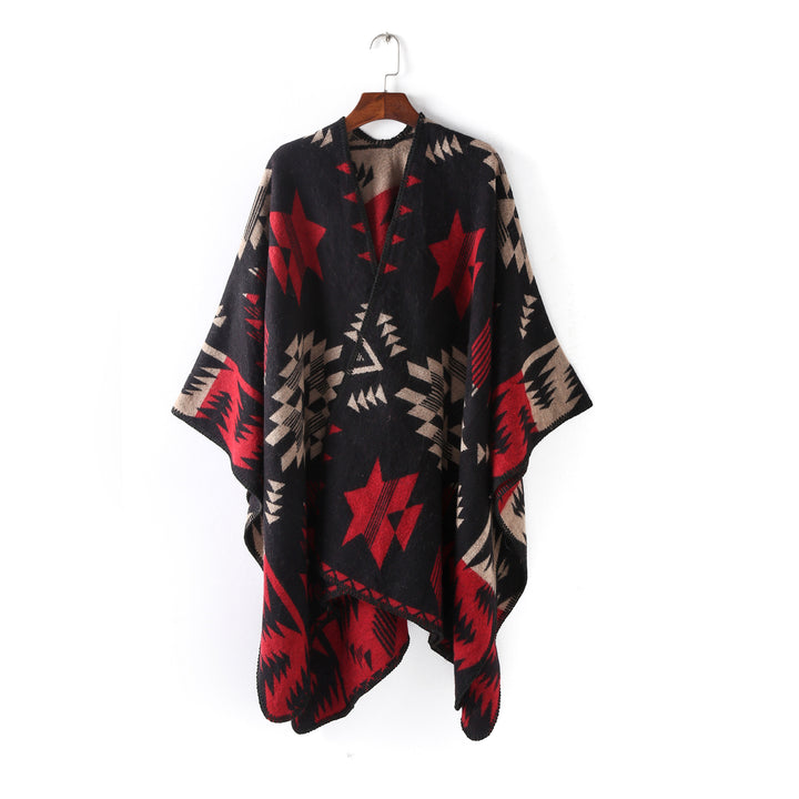 Damen Wollmix-Ruanaüberwurf im Oversize mit geometrischem Sterne-Jacquard Drune