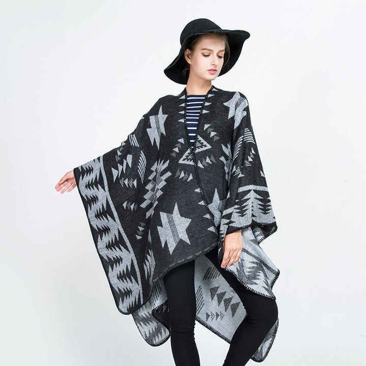 Damen Wollmix-Ruanaüberwurf im Oversize mit geometrischem Sterne-Jacquard Drune