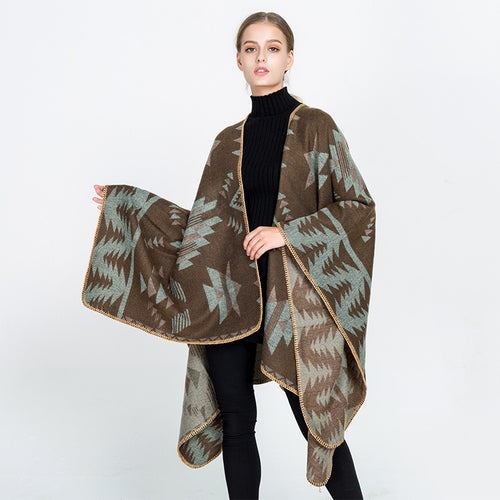 Damen Wollmix-Ruanaüberwurf im Oversize mit geometrischem Sterne-Jacquard Drune