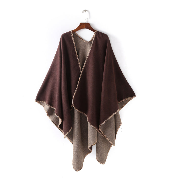 Damen Weichfallender Wende-Poncho‑Ruana aus Wollmix mit V‑Ausschnitt und Zierstich Drune