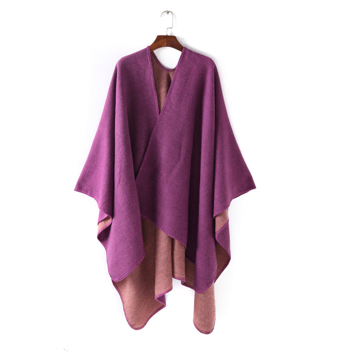 Damen Weichfallender Wende-Poncho‑Ruana aus Wollmix mit V‑Ausschnitt und Zierstich Drune
