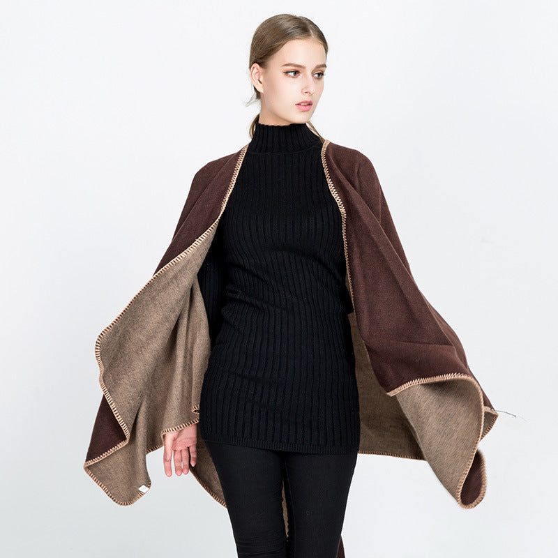 Damen Weichfallender Wende-Poncho‑Ruana aus Wollmix mit V‑Ausschnitt und Zierstich Drune