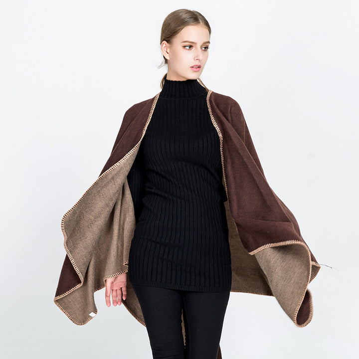 Damen Weichfallender Wende-Poncho‑Ruana aus Wollmix mit V‑Ausschnitt und Zierstich Drune