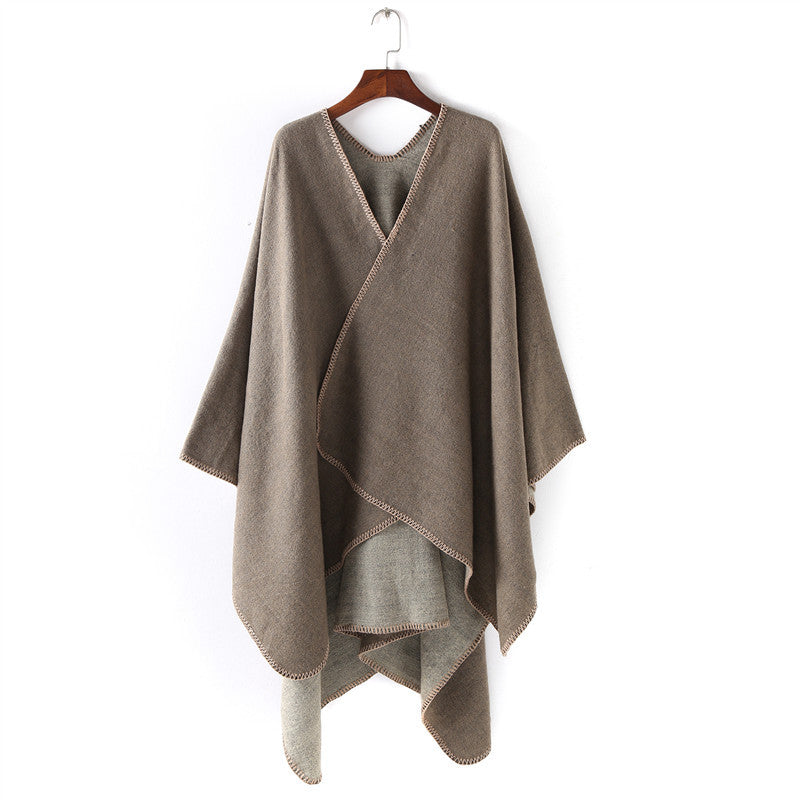 Damen Weichfallender Wende-Poncho‑Ruana aus Wollmix mit V‑Ausschnitt und Zierstich Drune