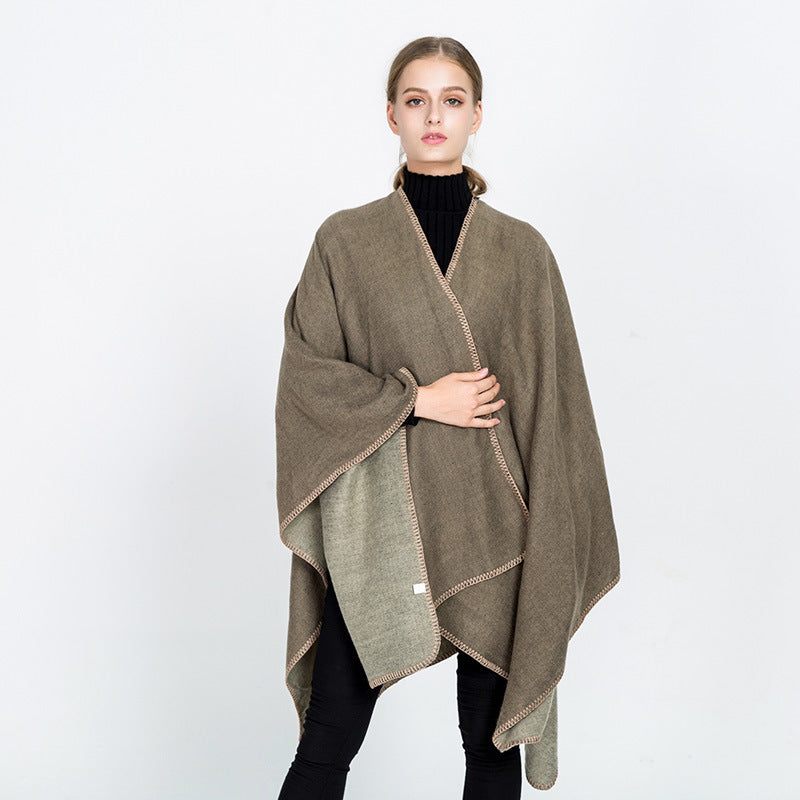 Damen Weichfallender Wende-Poncho‑Ruana aus Wollmix mit V‑Ausschnitt und Zierstich Drune