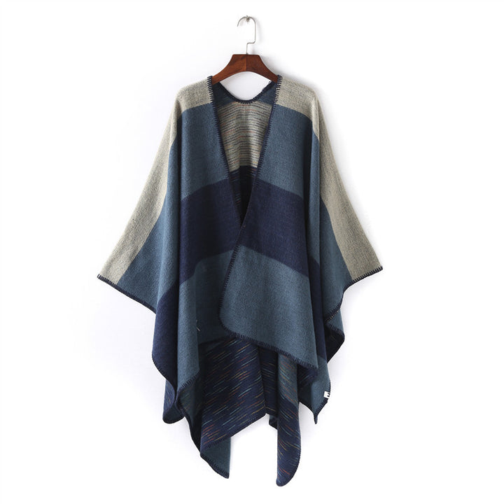 Damen Cape‑Ruana mit zweilagiger Webstruktur und grafischem Blockstreifen Drune