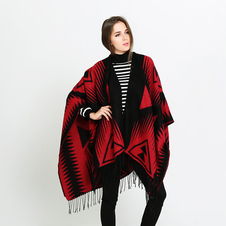 Damen Azteken-Jacquard-Ruana mit Fransen und offenem V-Ausschnitt Drune
