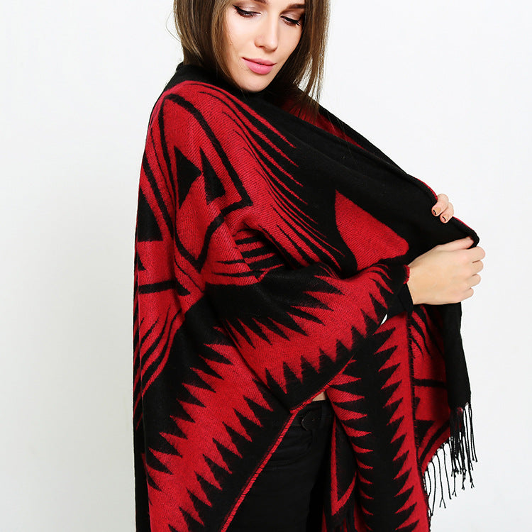 Damen Azteken-Jacquard-Ruana mit Fransen und offenem V-Ausschnitt Drune