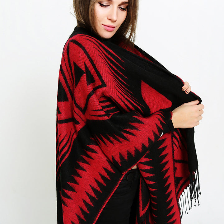 Damen Azteken-Jacquard-Ruana mit Fransen und offenem V-Ausschnitt Drune