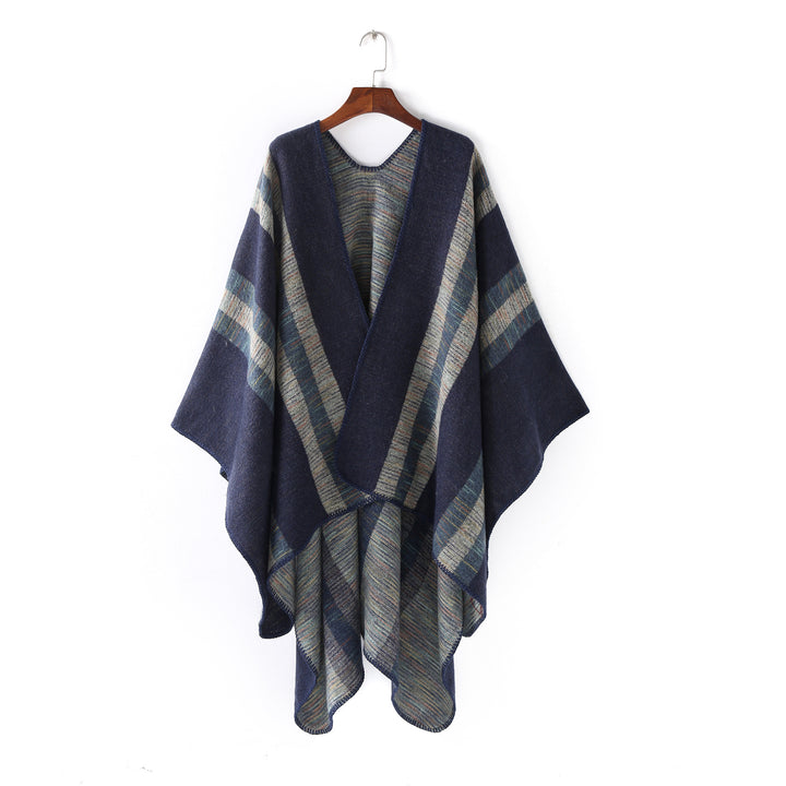 Damen Strukturiertes Wollmix-Ruana-Überwurf mit diagonalen Streifen Drune