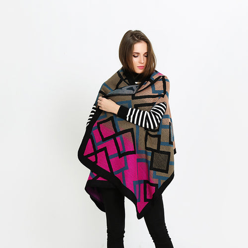 Damen Oversize-Deckeponcho aus Jacquardstrick mit Zierstichkante Drune