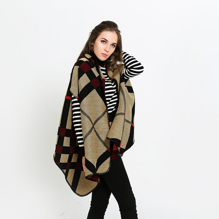 Damen Oversize-Deckeponcho aus Jacquardstrick mit Zierstichkante Drune