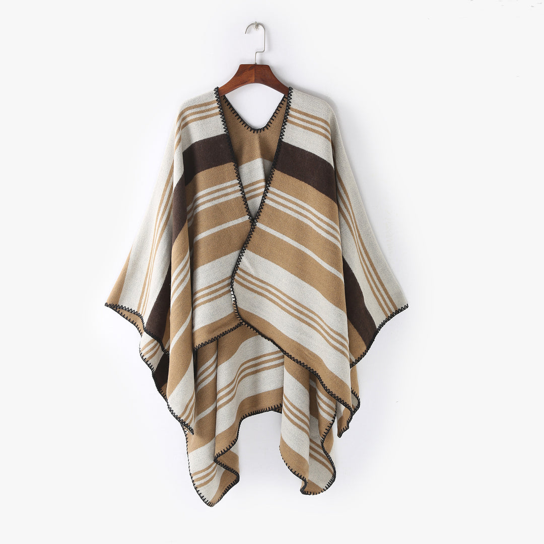 Damen Oversize‑Ruana‑Überwurf mit gestreiftem Jacquard und Zierstichkante Drune