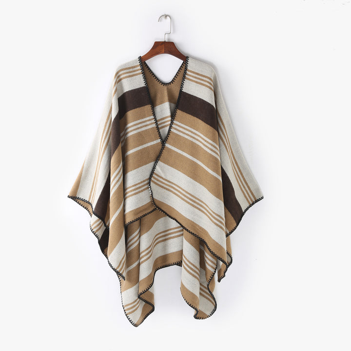 Damen Oversize‑Ruana‑Überwurf mit gestreiftem Jacquard und Zierstichkante Drune