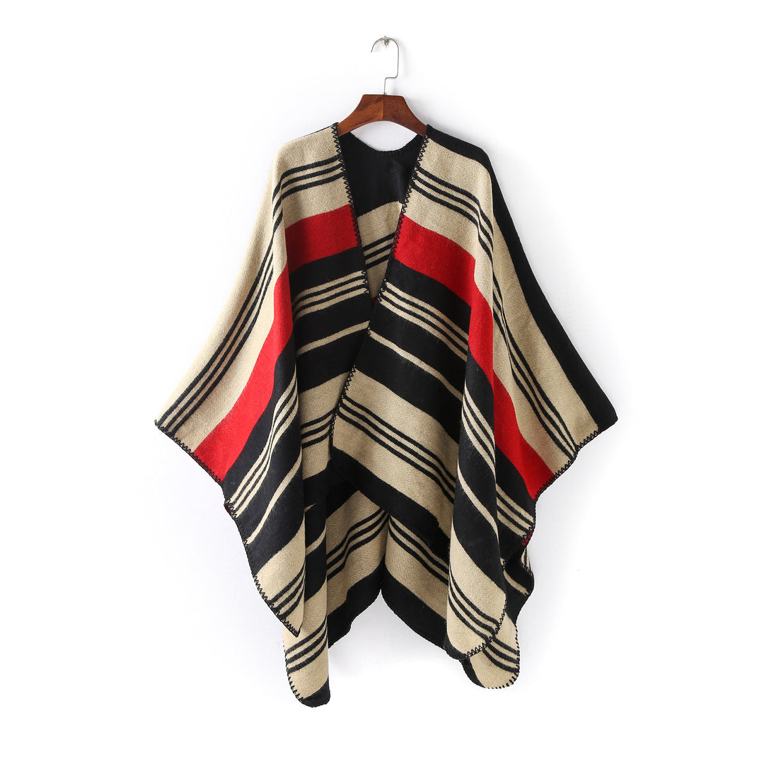 Damen Oversize‑Ruana‑Überwurf mit gestreiftem Jacquard und Zierstichkante Drune