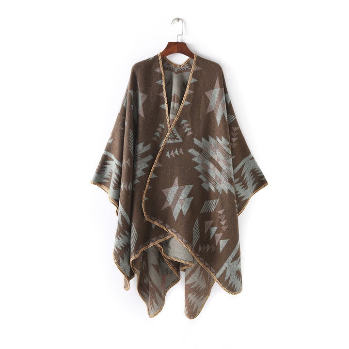 Damen Wollmix-Ruanaüberwurf im Oversize mit geometrischem Sterne-Jacquard Drune