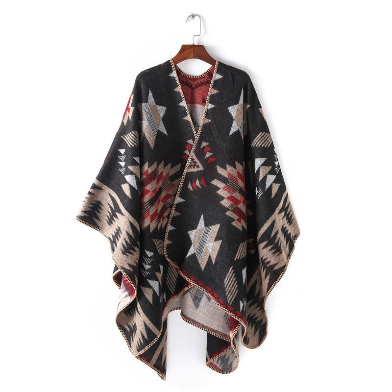 Damen Wollmix-Ruanaüberwurf im Oversize mit geometrischem Sterne-Jacquard Drune