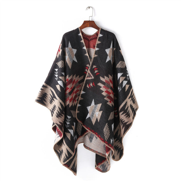 Damen Wollmix-Ruanaüberwurf im Oversize mit geometrischem Sterne-Jacquard Drune