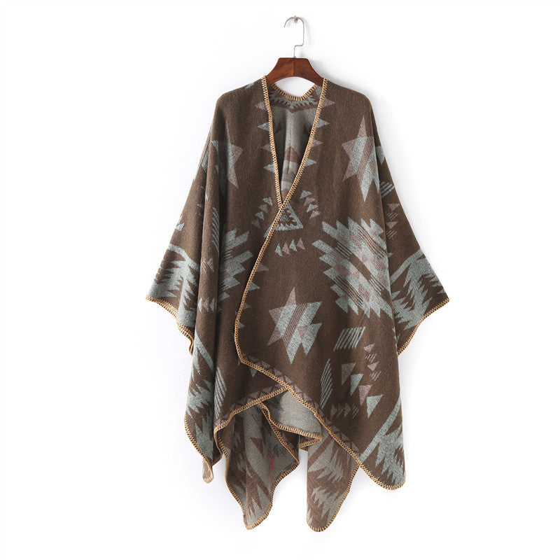 Damen Wollmix-Ruanaüberwurf im Oversize mit geometrischem Sterne-Jacquard Drune