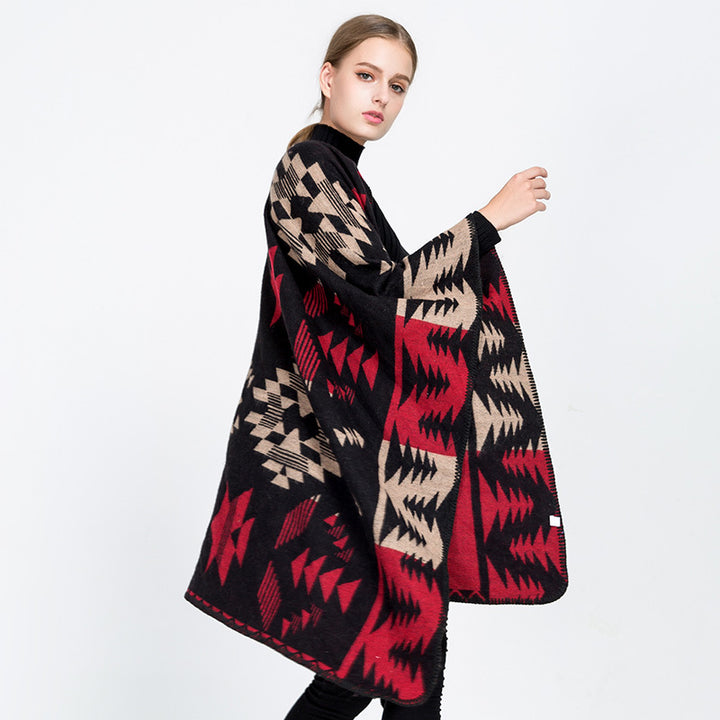 Damen Wollmix-Ruanaüberwurf im Oversize mit geometrischem Sterne-Jacquard Drune