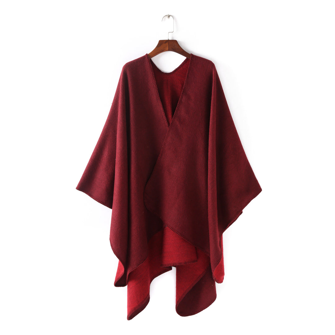 Damen Weichfallender Wende-Poncho‑Ruana aus Wollmix mit V‑Ausschnitt und Zierstich Drune