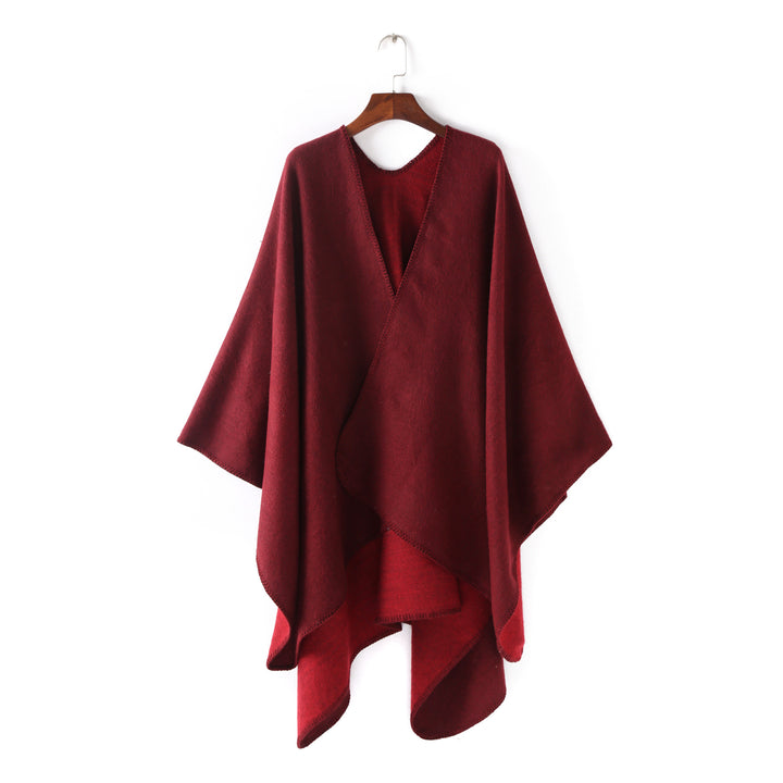 Damen Weichfallender Wende-Poncho‑Ruana aus Wollmix mit V‑Ausschnitt und Zierstich Drune