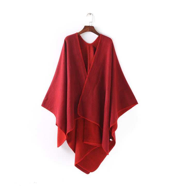 Damen Weichfallender Wende-Poncho‑Ruana aus Wollmix mit V‑Ausschnitt und Zierstich Drune