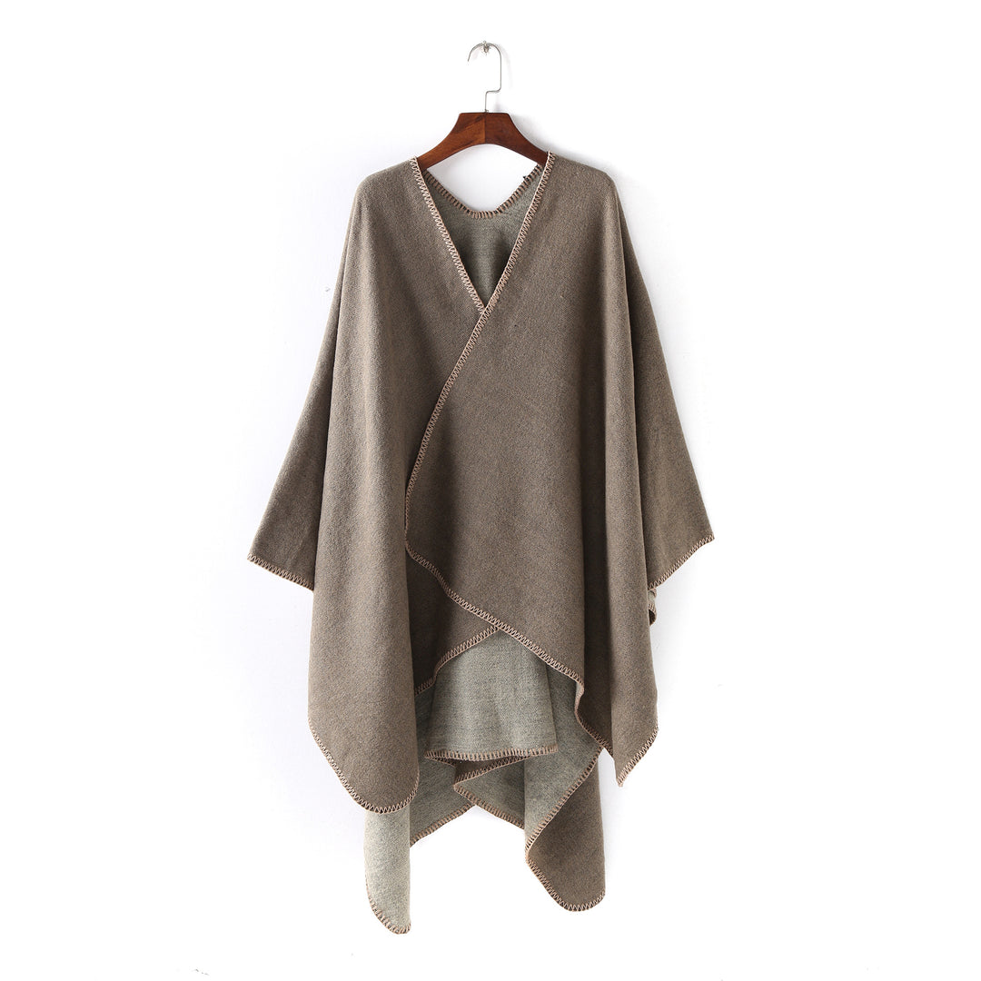 Damen Weichfallender Wende-Poncho‑Ruana aus Wollmix mit V‑Ausschnitt und Zierstich Drune