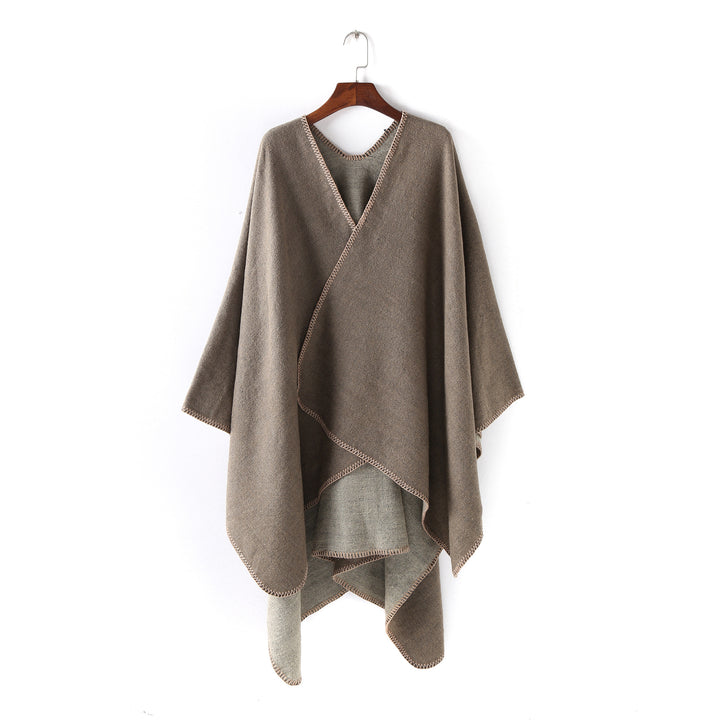Damen Weichfallender Wende-Poncho‑Ruana aus Wollmix mit V‑Ausschnitt und Zierstich Drune