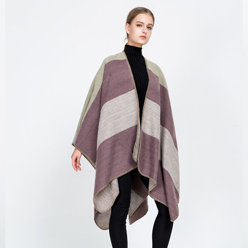 Damen Cape‑Ruana mit zweilagiger Webstruktur und grafischem Blockstreifen Drune