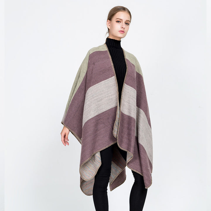 Damen Cape‑Ruana mit zweilagiger Webstruktur und grafischem Blockstreifen Drune