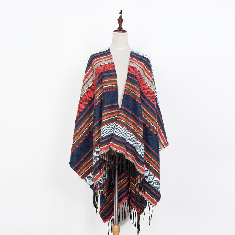 Damen Offener Oversize-Serape-Poncho im Ethno-Jacquard mit langen Fransen Drune