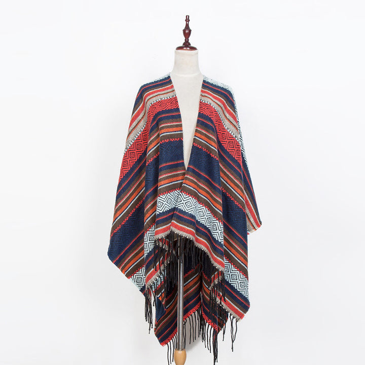 Damen Offener Oversize-Serape-Poncho im Ethno-Jacquard mit langen Fransen Drune