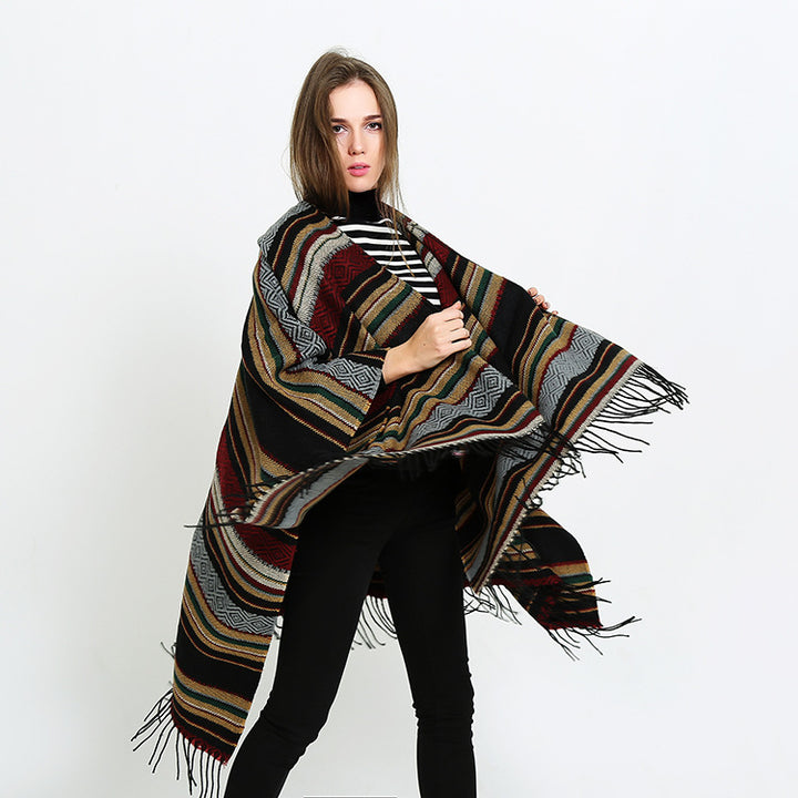 Damen Offener Oversize-Serape-Poncho im Ethno-Jacquard mit langen Fransen Drune