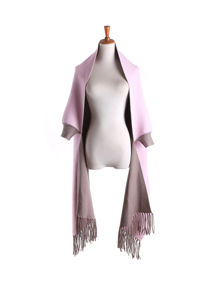 Damen Zweifarbiger Wendeponcho mit Kurzarmöffnungen, Fransen und Wollmix Drune