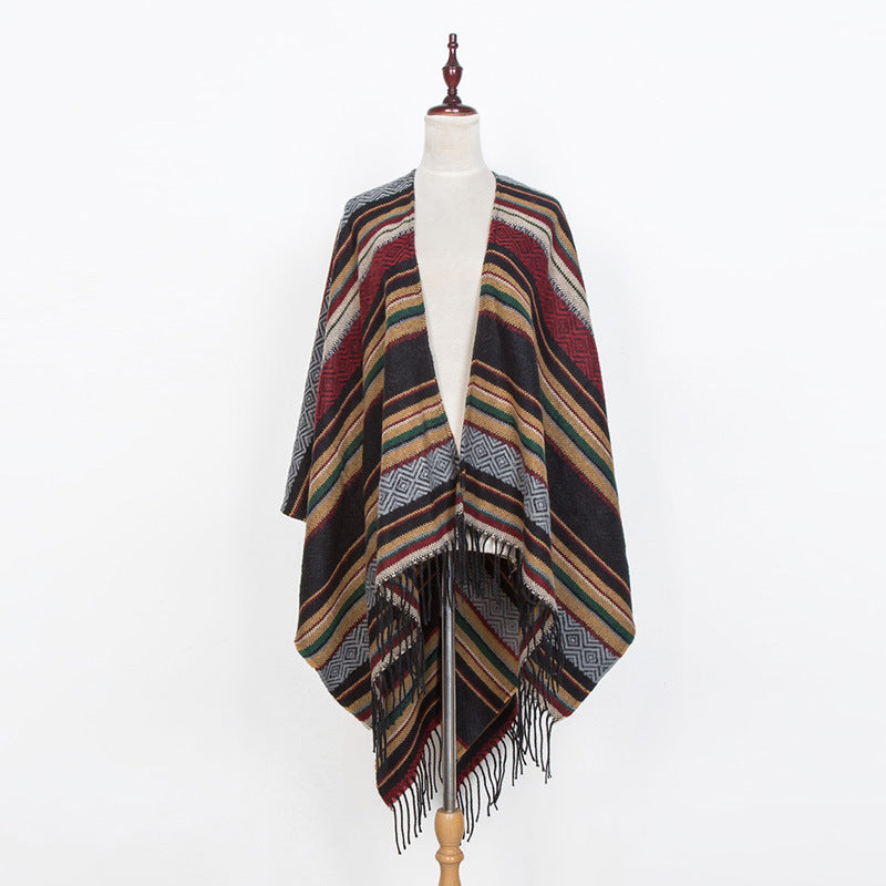 Damen Offener Oversize-Serape-Poncho im Ethno-Jacquard mit langen Fransen Drune