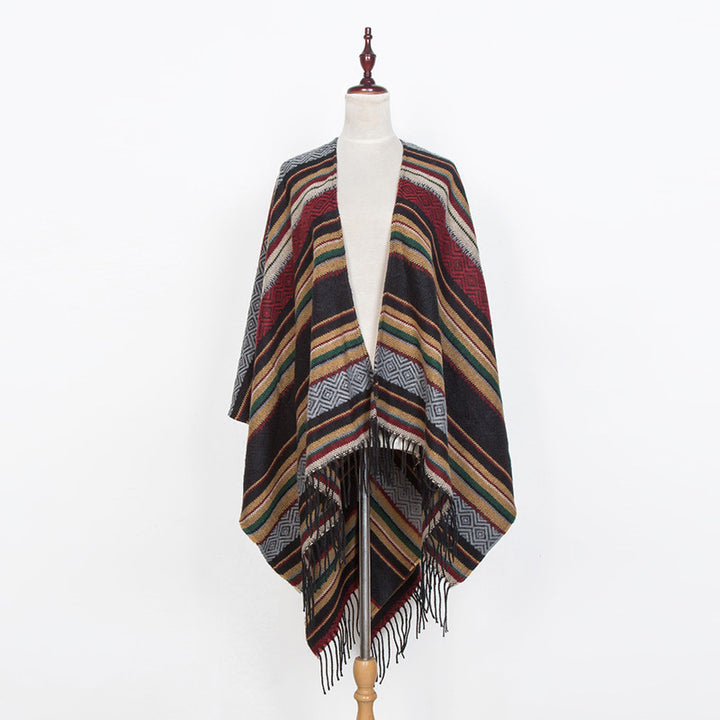 Damen Offener Oversize-Serape-Poncho im Ethno-Jacquard mit langen Fransen Drune