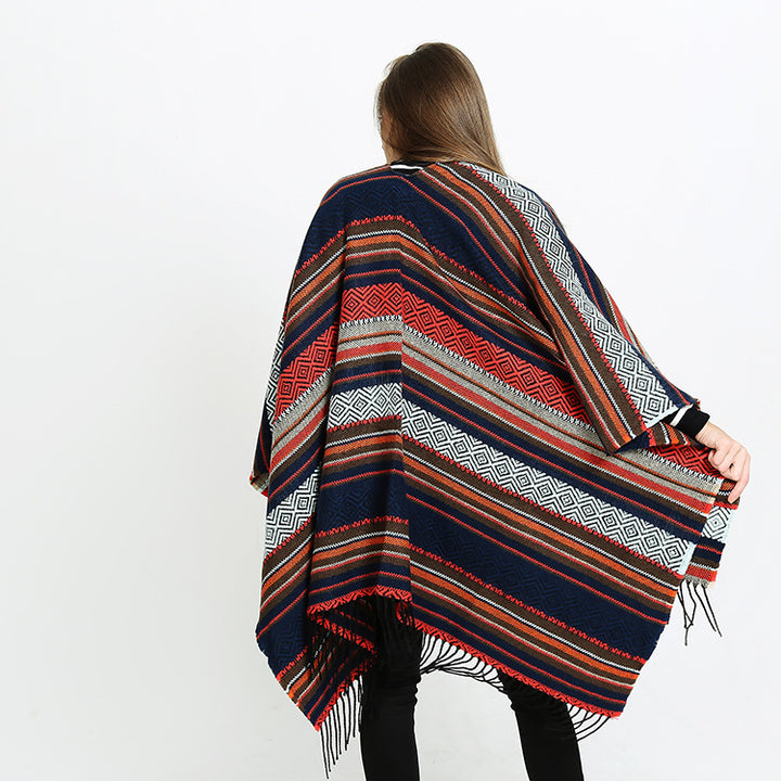 Damen Offener Oversize-Serape-Poncho im Ethno-Jacquard mit langen Fransen Drune