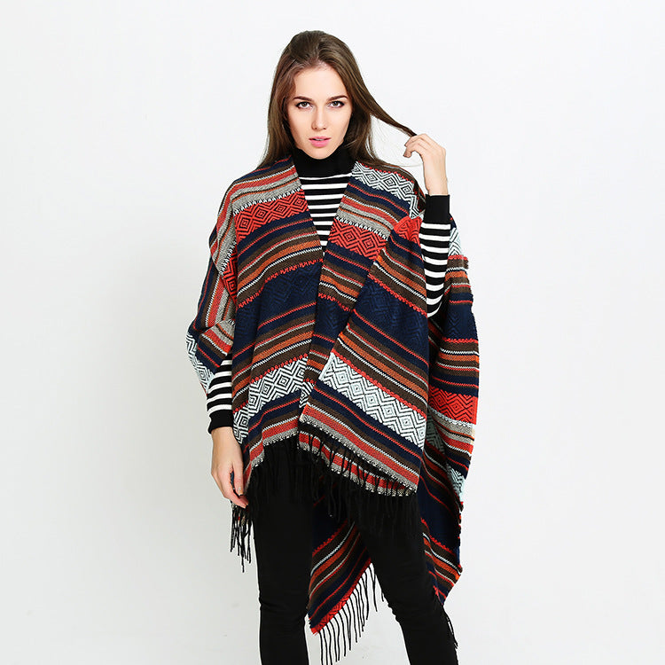 Damen Offener Oversize-Serape-Poncho im Ethno-Jacquard mit langen Fransen Drune