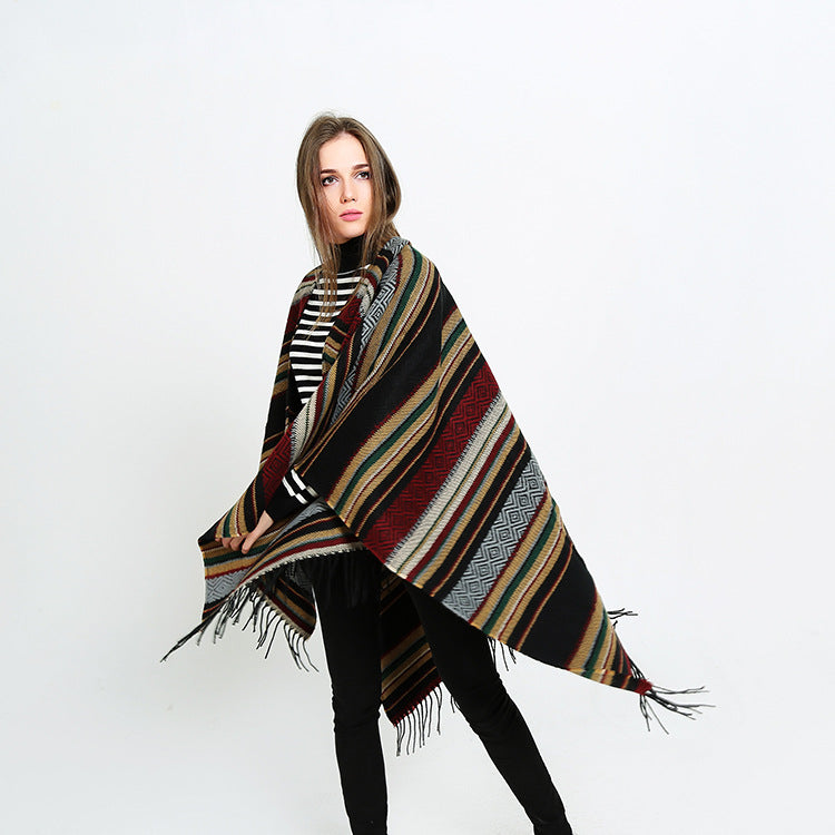 Damen Offener Oversize-Serape-Poncho im Ethno-Jacquard mit langen Fransen Drune