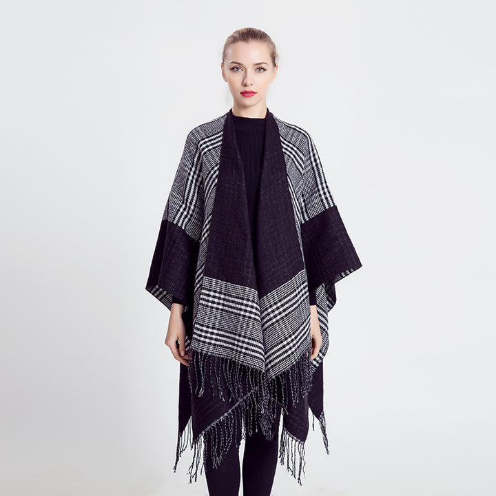 Damen Ruana-Poncho aus Wollmix mit kastigem Kimono-Fall und Fransensaum Drune