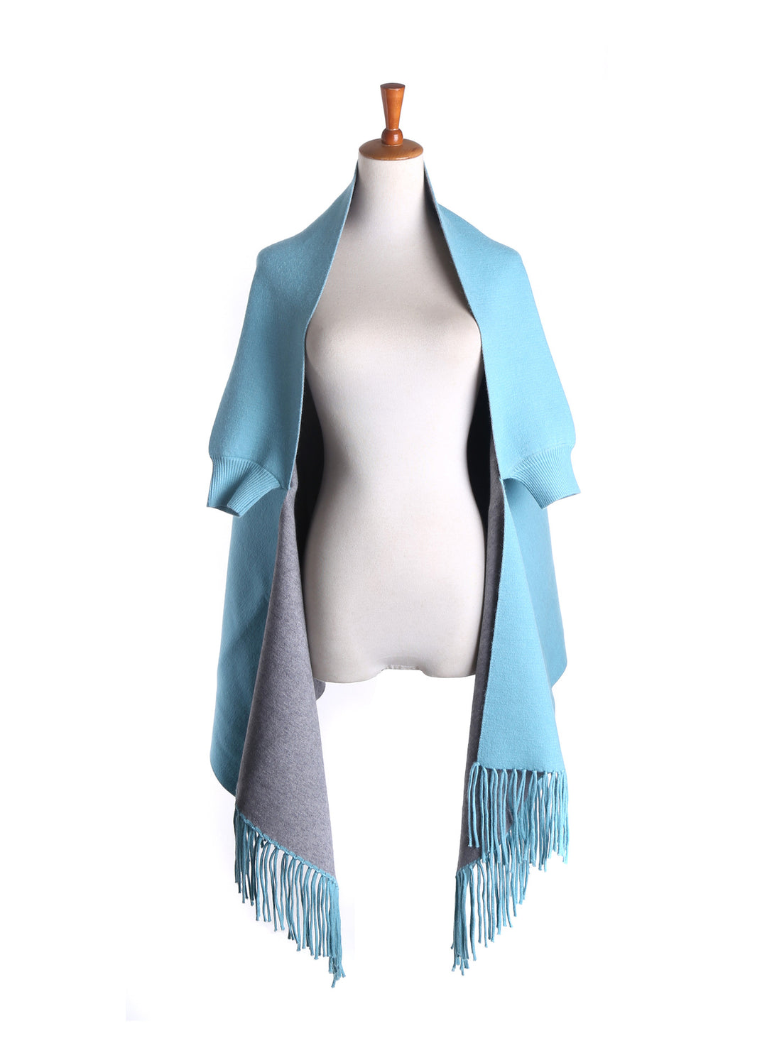 Damen Zweifarbiger Wendeponcho mit Kurzarmöffnungen, Fransen und Wollmix Drune