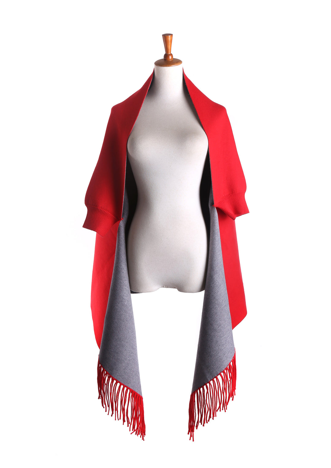 Damen Zweifarbiger Wendeponcho mit Kurzarmöffnungen, Fransen und Wollmix Drune
