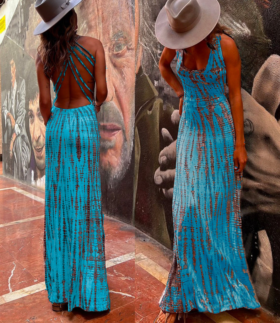 Drune | Rosiedress Criss Cross Offene Rücken Bindung Färbung Maxi Kleid