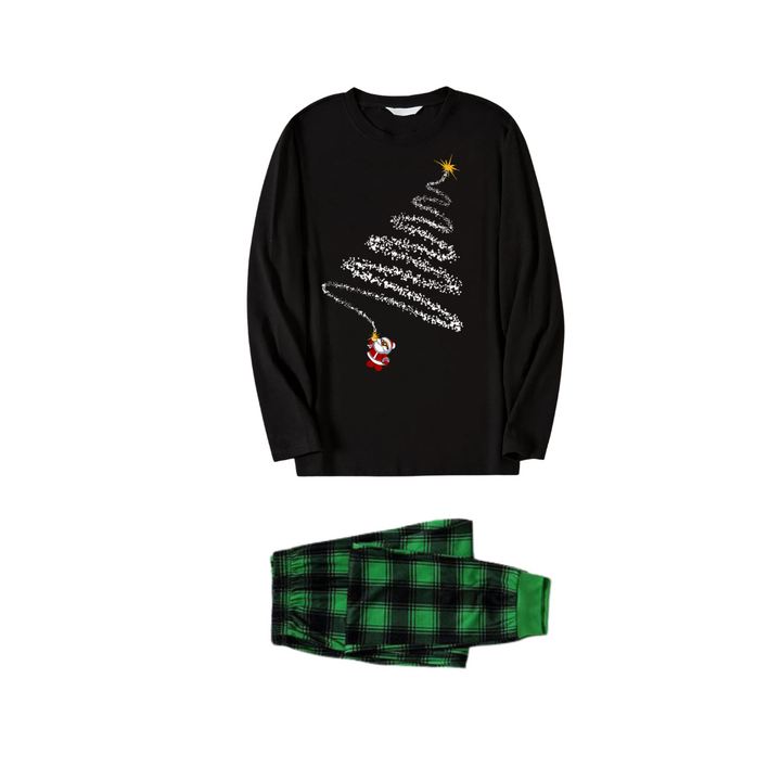 Drune | Santa Claus und Weihnachtsbaum Print Schwarz Langarmtop mit Grün und Schwarz Karomuster Paar passende Schlafanzüge