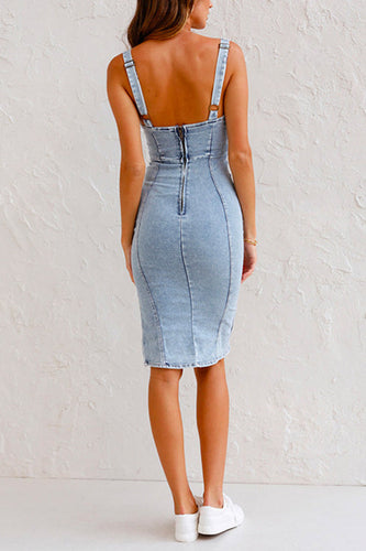 Drune | Rosiedress Verstellbare Träger U-Ausschnitt Schlitz Denim Bodycon Cami Kleid