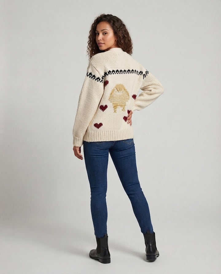 Damen Oversize Grobstrick-Cardigan mit Herz-Intarsien und Schalkragen Drune