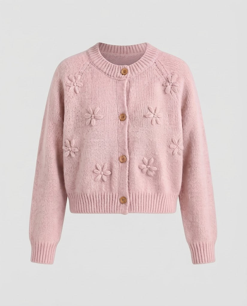 Damen Kurz geschnittene Strickjacke mit dreidimensionalen Blumenmotiven, Holzknöpfen und geripptem Saum Drune