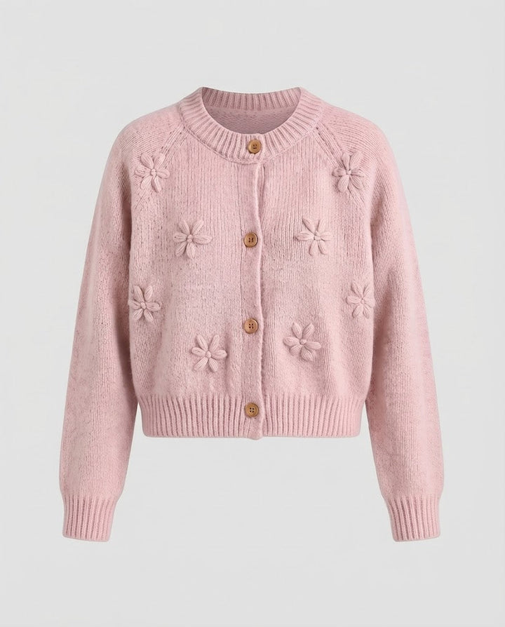 Damen Kurz geschnittene Strickjacke mit dreidimensionalen Blumenmotiven, Holzknöpfen und geripptem Saum Drune