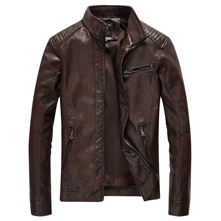 Herren Kunstleder-Bikerjacke mit Stehkragen und gesteppter Schulterpartie Drune